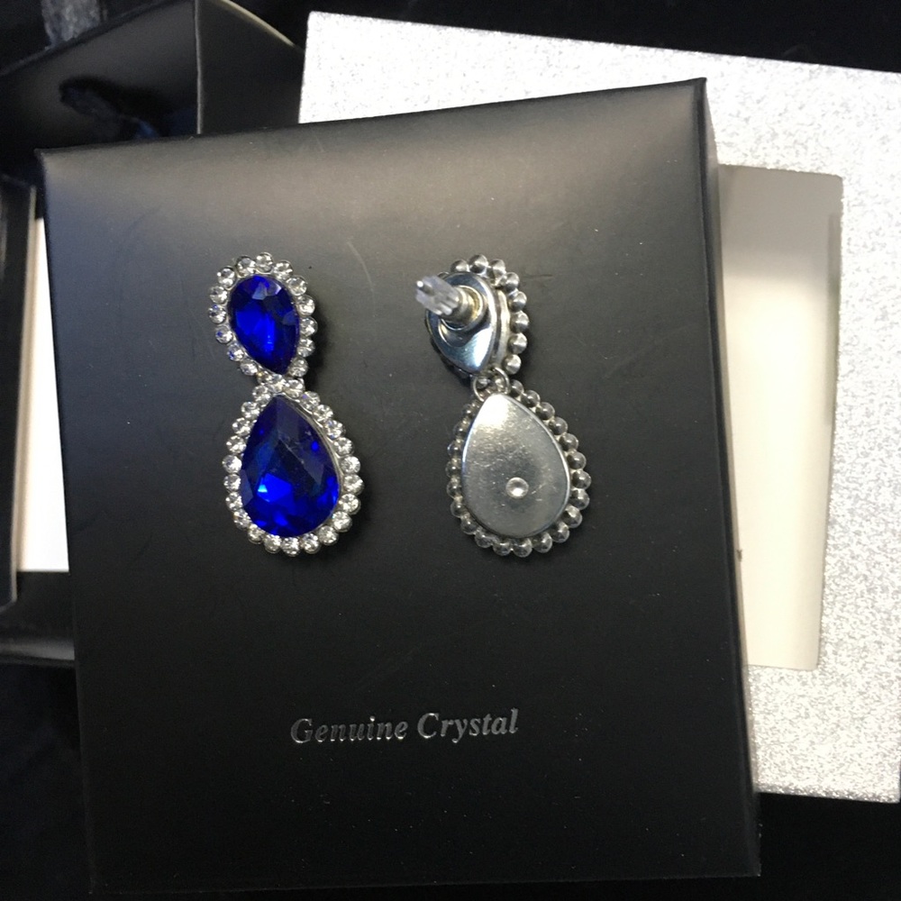 Crystal Sapphire Tear Drop Dangle Post Earrings - Picture 4 of 9